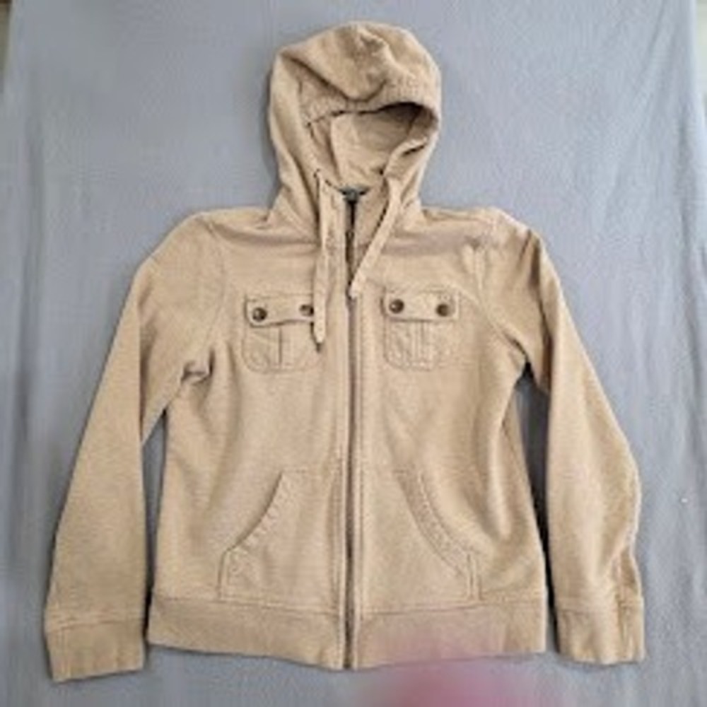 Lauren Ralph Lauren Tan Cotton Full Zip Hoodie Utility Pocket Sweatshirt M Beige